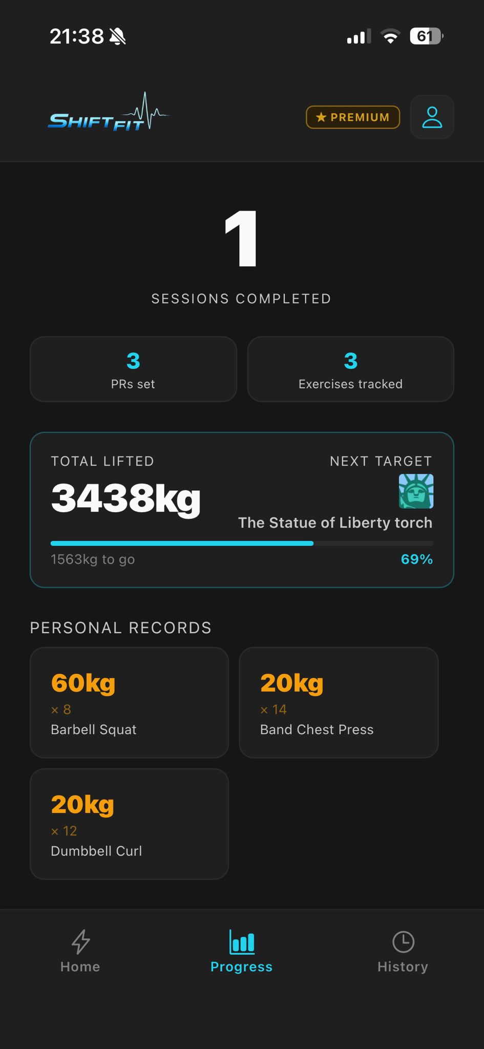 ShiftFit progress screen with strength stats and personal bests